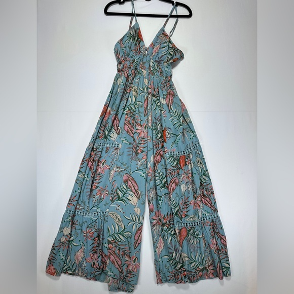 Angie Pants - Angie Floral Wide Leg Jumpsuit Boho Tie Back Blue Botanical Spaghetti Strap Size